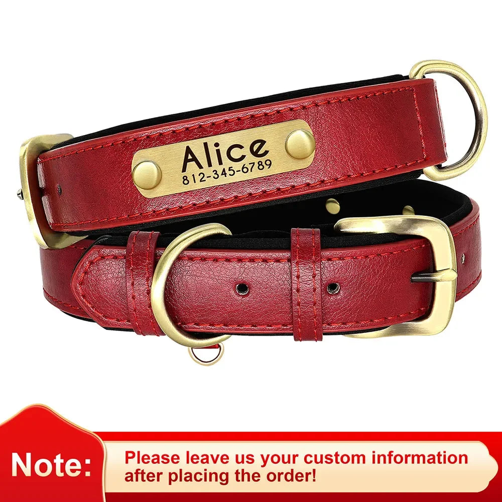 PU Leather Nameplate Dog Collar With Free Engraving Adjustable Padded