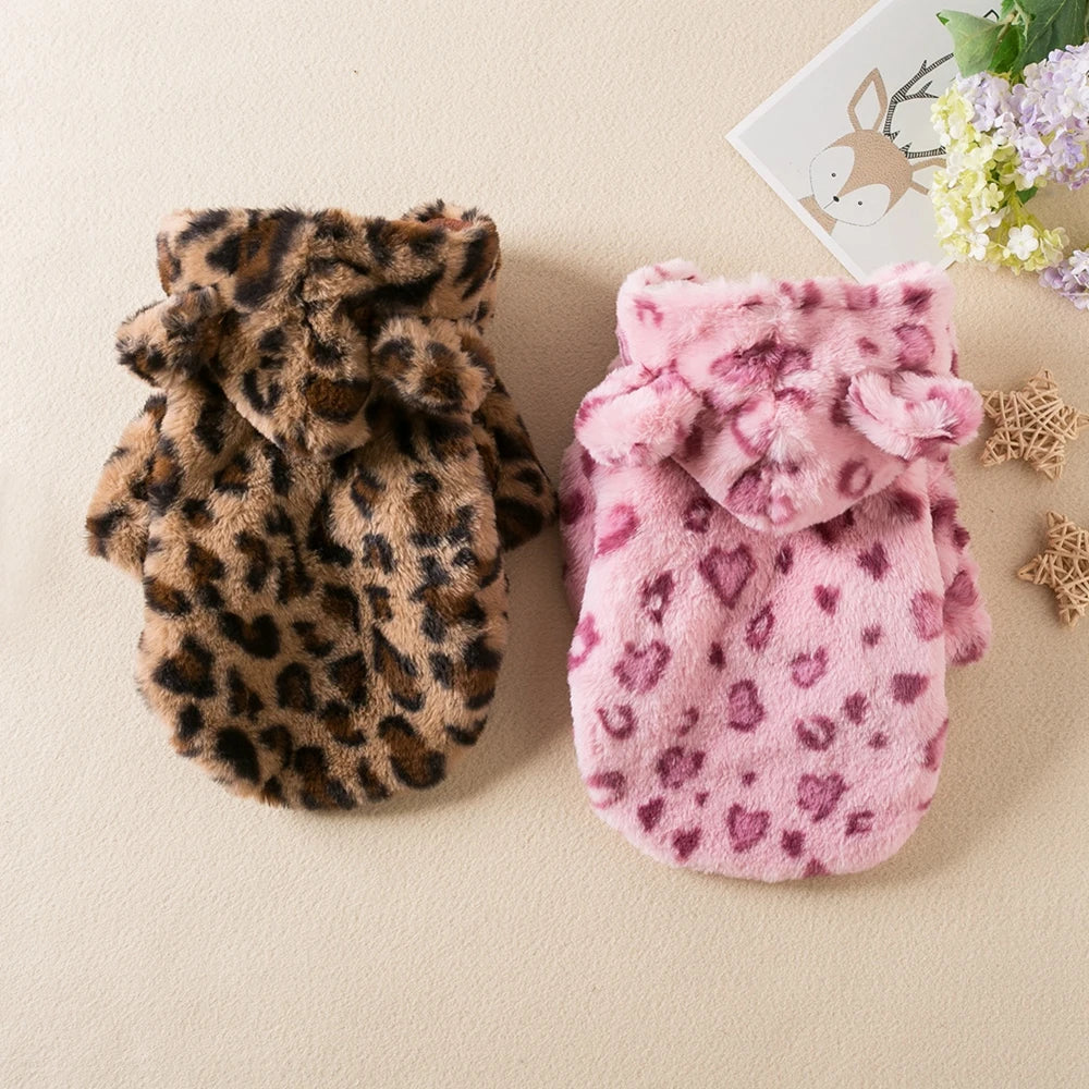 Winter Leopard Print Fleece Dog Hoodie Coat For Small Dogs