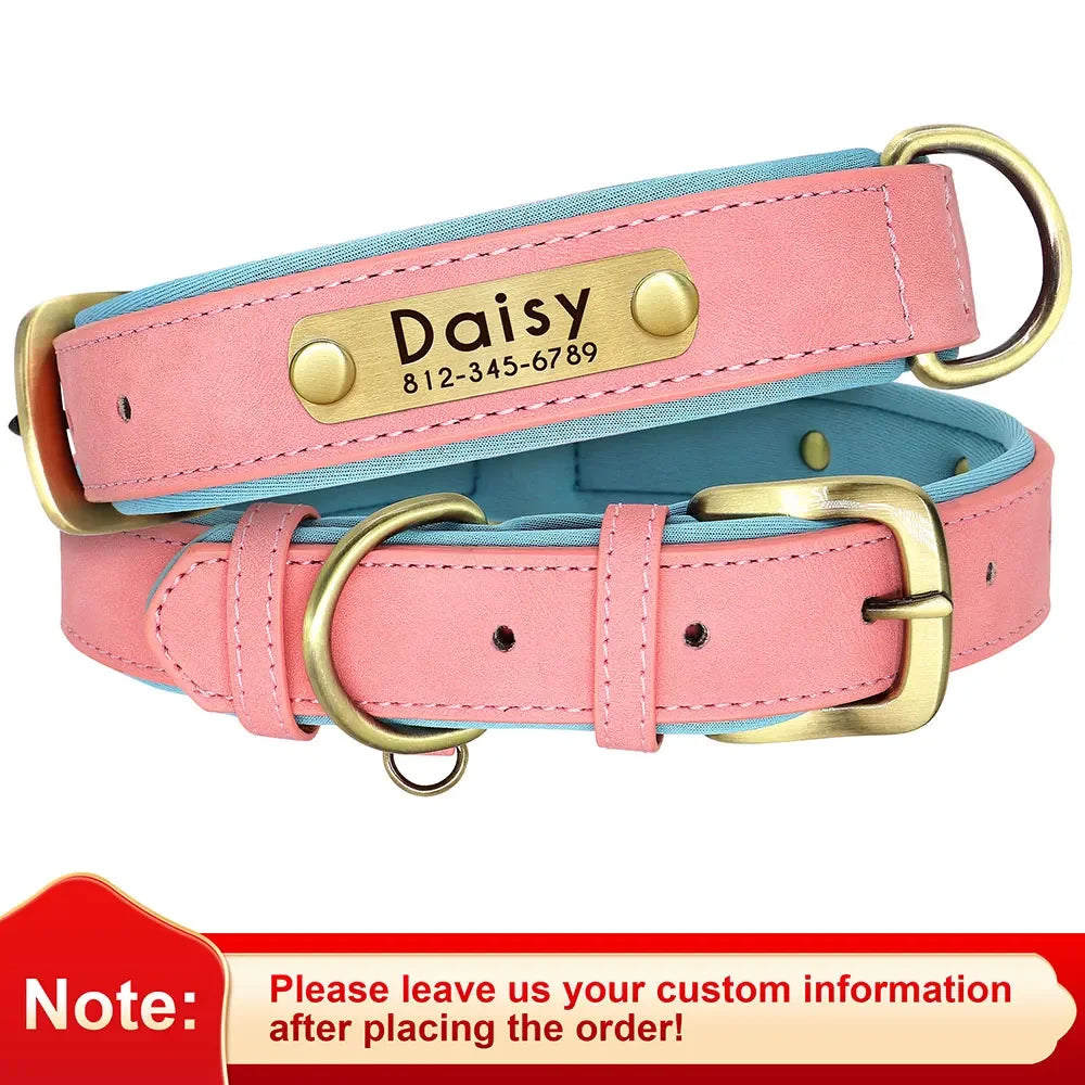 PU Leather Nameplate Dog Collar With Free Engraving Adjustable Padded