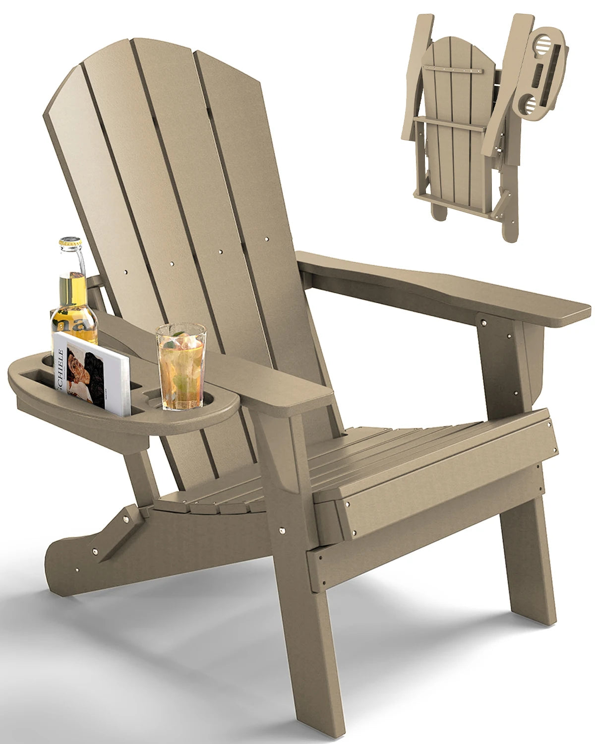 Folding Adirondack Chair With Cup Holder Weather Resistant HDPE Patio