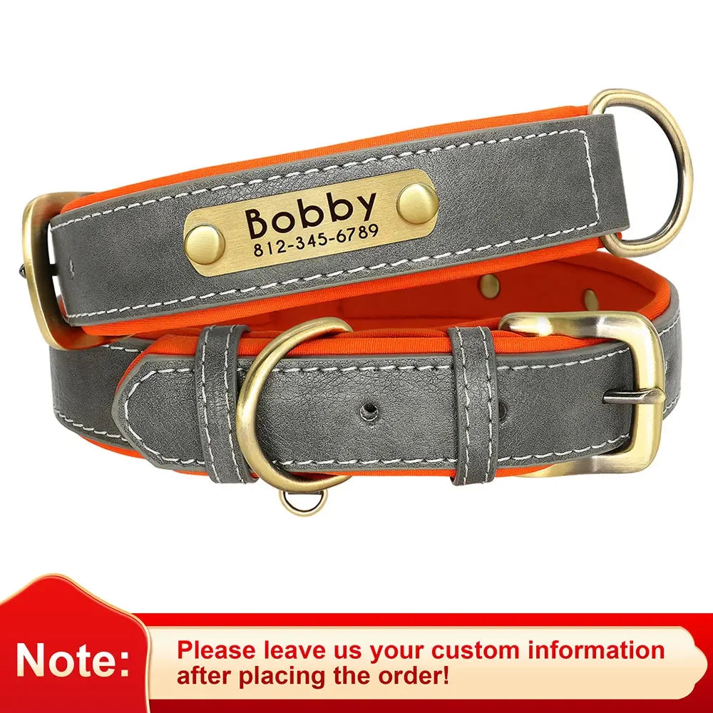 PU Leather Nameplate Dog Collar With Free Engraving Adjustable Padded