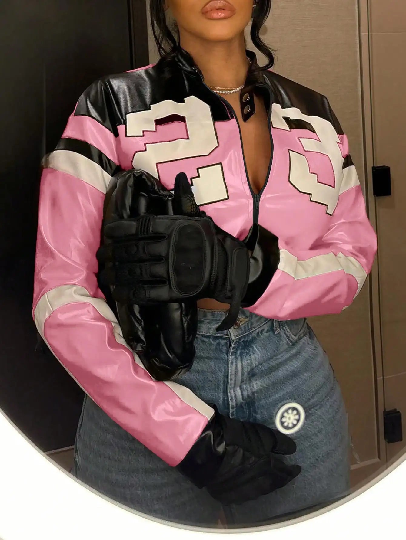 Clubwea Women's Faux Leather Zip Bomber Jacket With Edgy Style