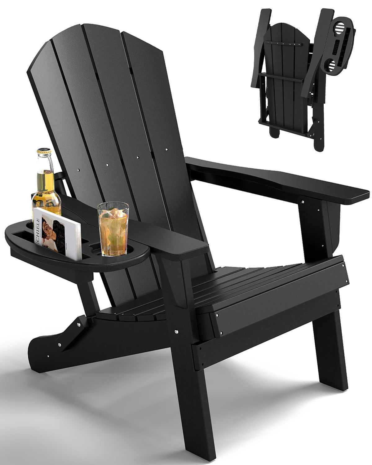 Folding Adirondack Chair With Cup Holder Weather Resistant HDPE Patio