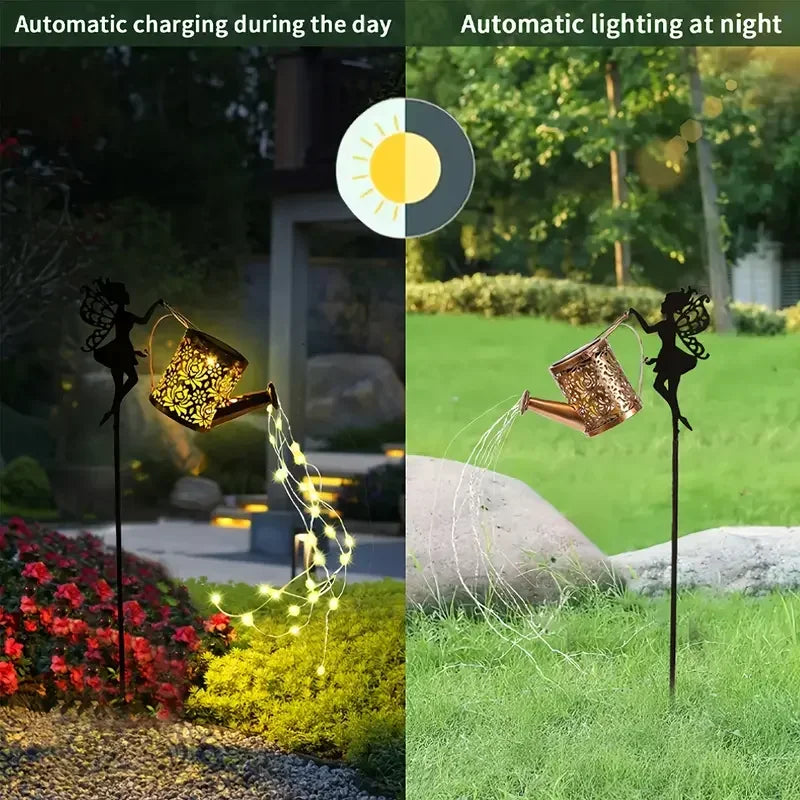 FREEPOWER Solar Watering Can With Lights Outdoor Garden Decor