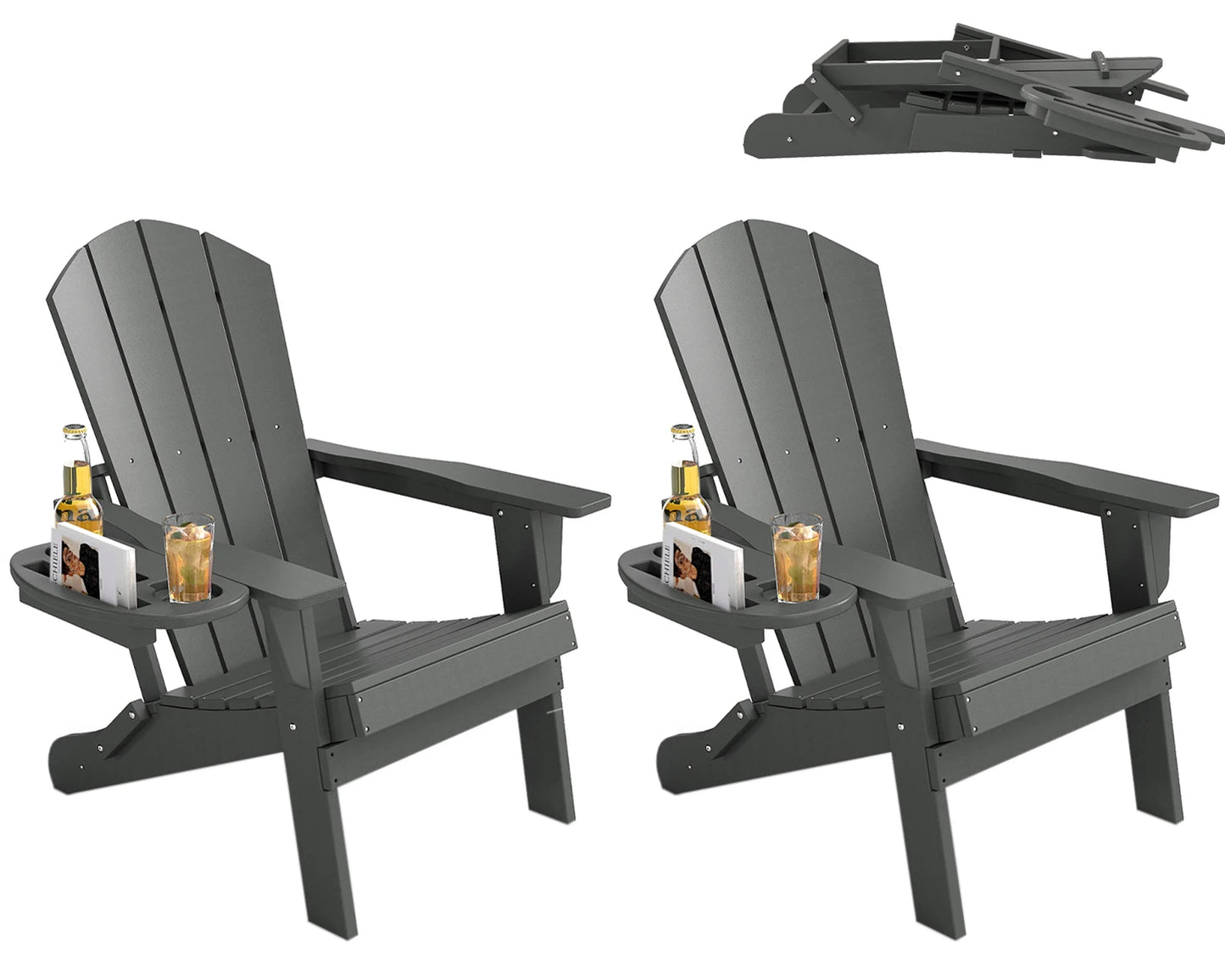 Folding Adirondack Chair With Cup Holder Weather Resistant HDPE Patio