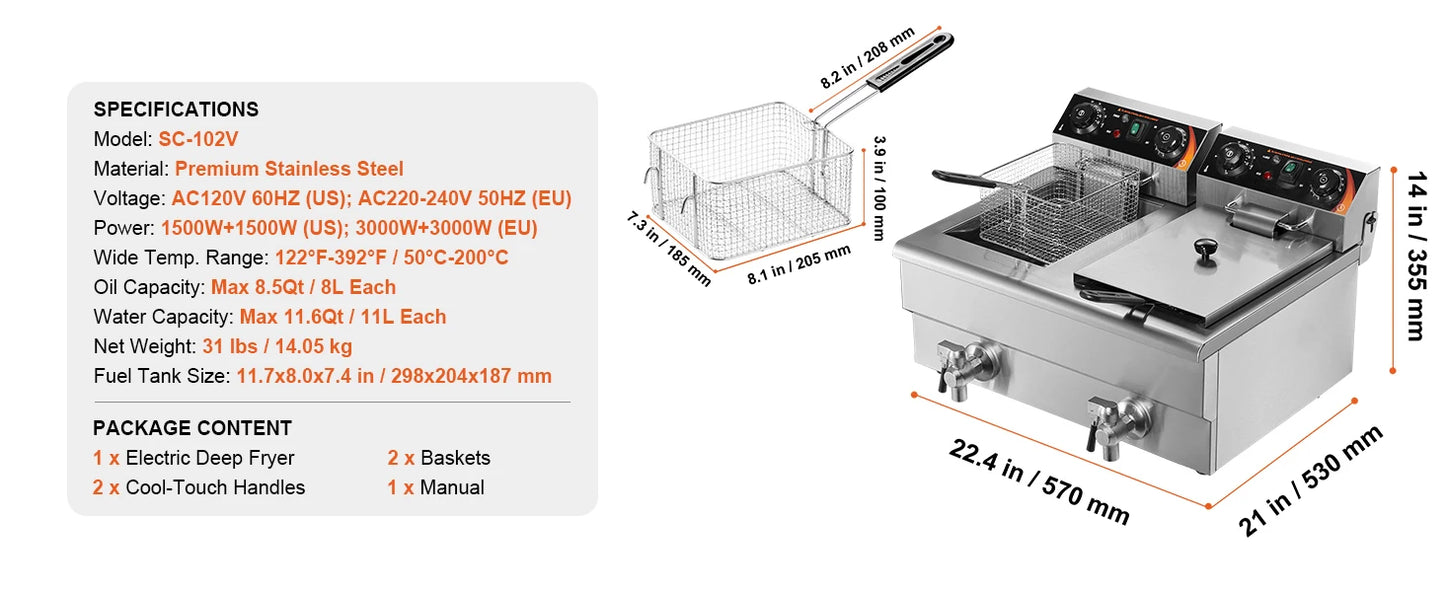 SucceBuy Dual Tank Electric Deep Fryer For Commercial Countertop