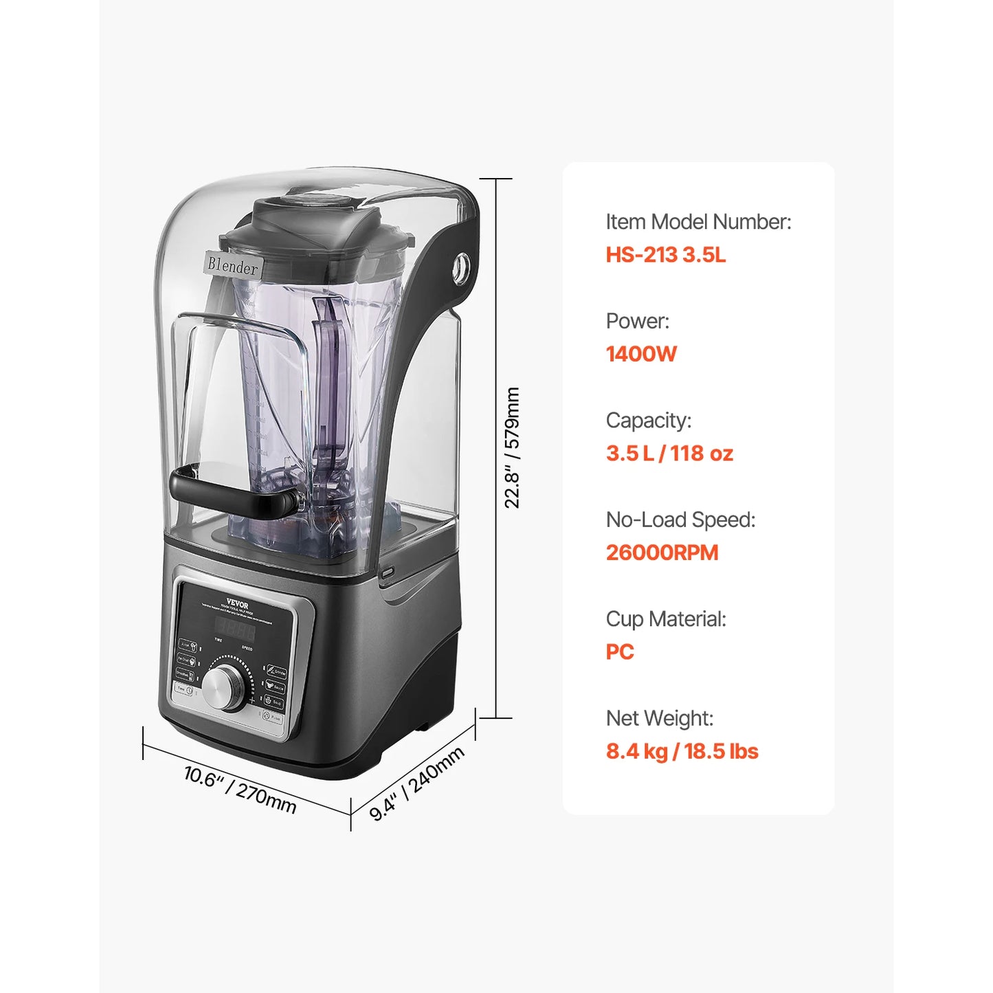 VEVOR 1400W Electric Blender For Smoothies With Noise Cover