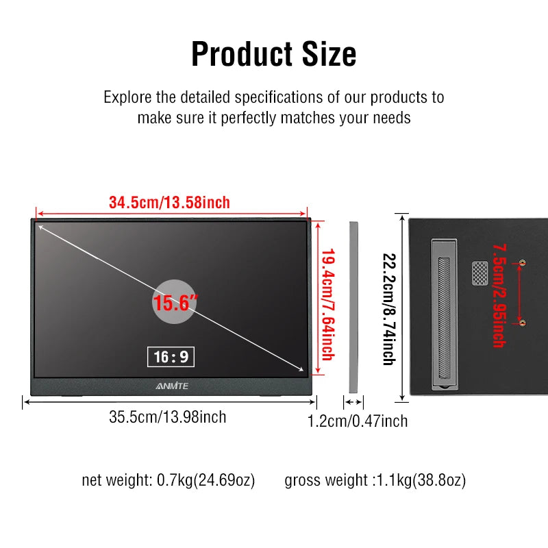 Anmite Portable Touch Monitor 1080p HDR IPS USB C HDMI