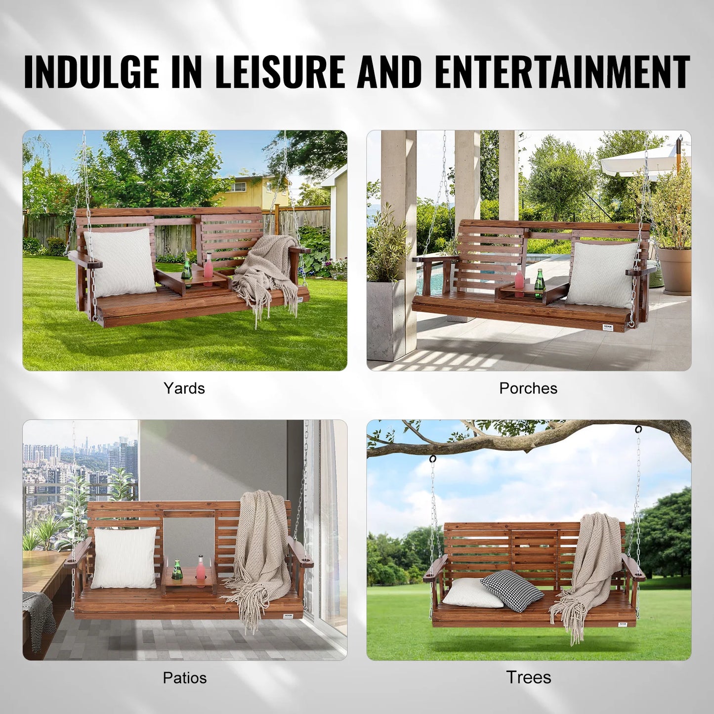 SucceBuy Cedar Wood Porch Swing Outdoor Garden Bench With Steel Chains