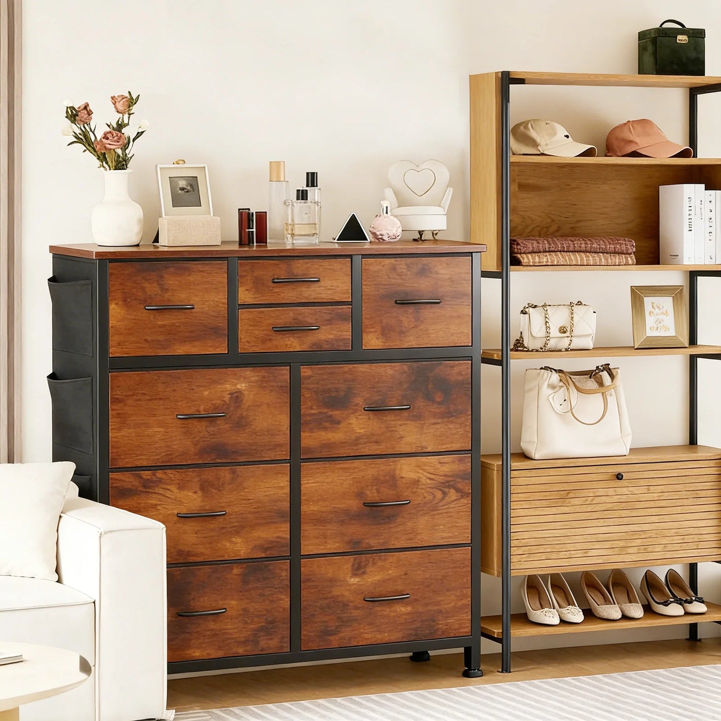 JHK Living Room Steel Frame Cabinet With 10 Fabric Drawers