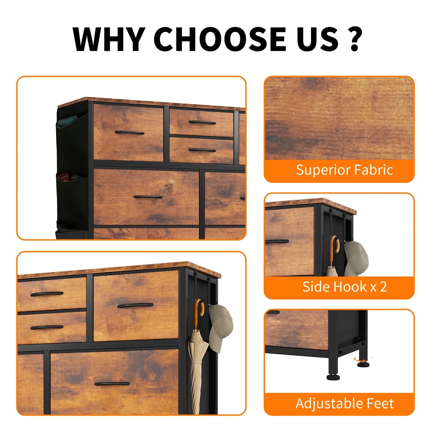 JHK Living Room Steel Frame Cabinet With 10 Fabric Drawers
