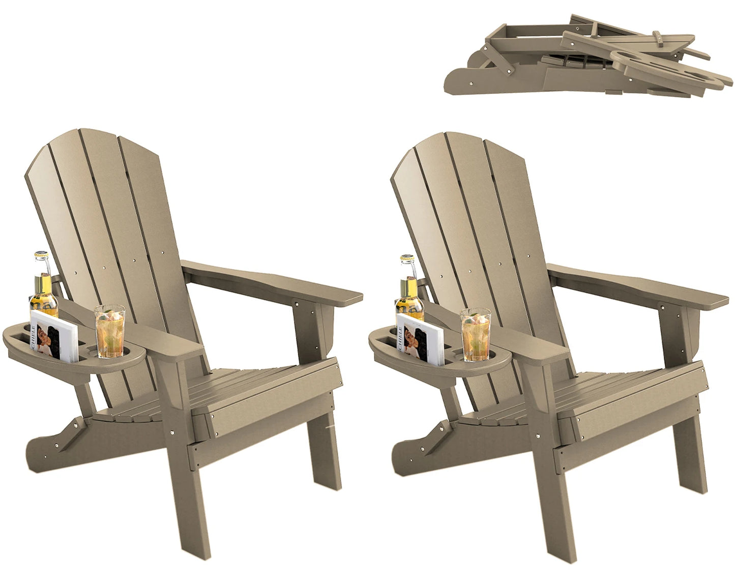 Folding Adirondack Chair With Cup Holder Weather Resistant HDPE Patio