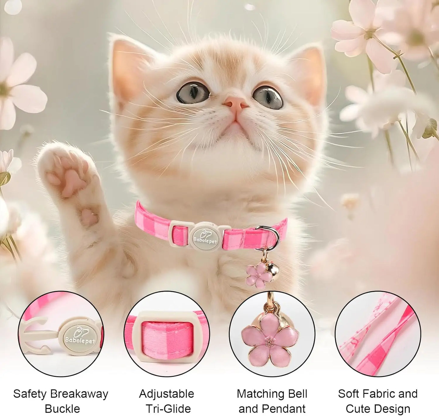 Cat Collars With Bell And Flower Pendant Adjustable Plaid Design