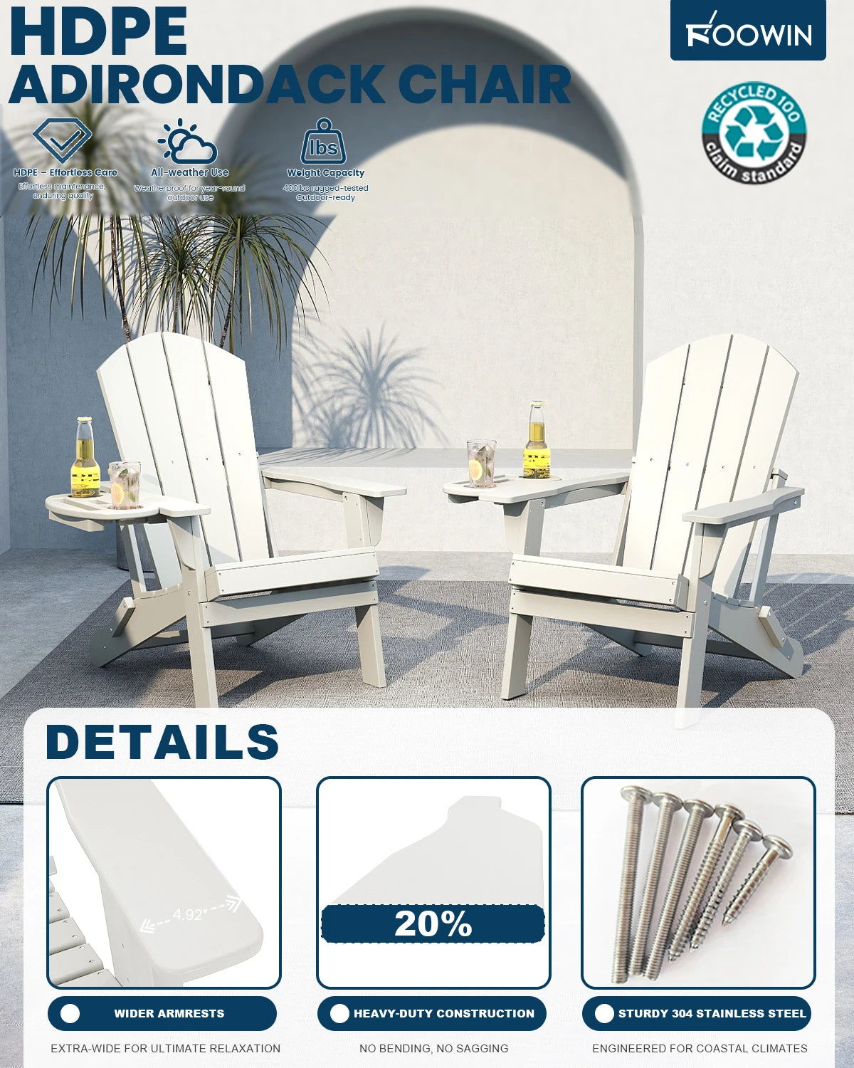 Folding Adirondack Chair With Cup Holder Weather Resistant HDPE Patio