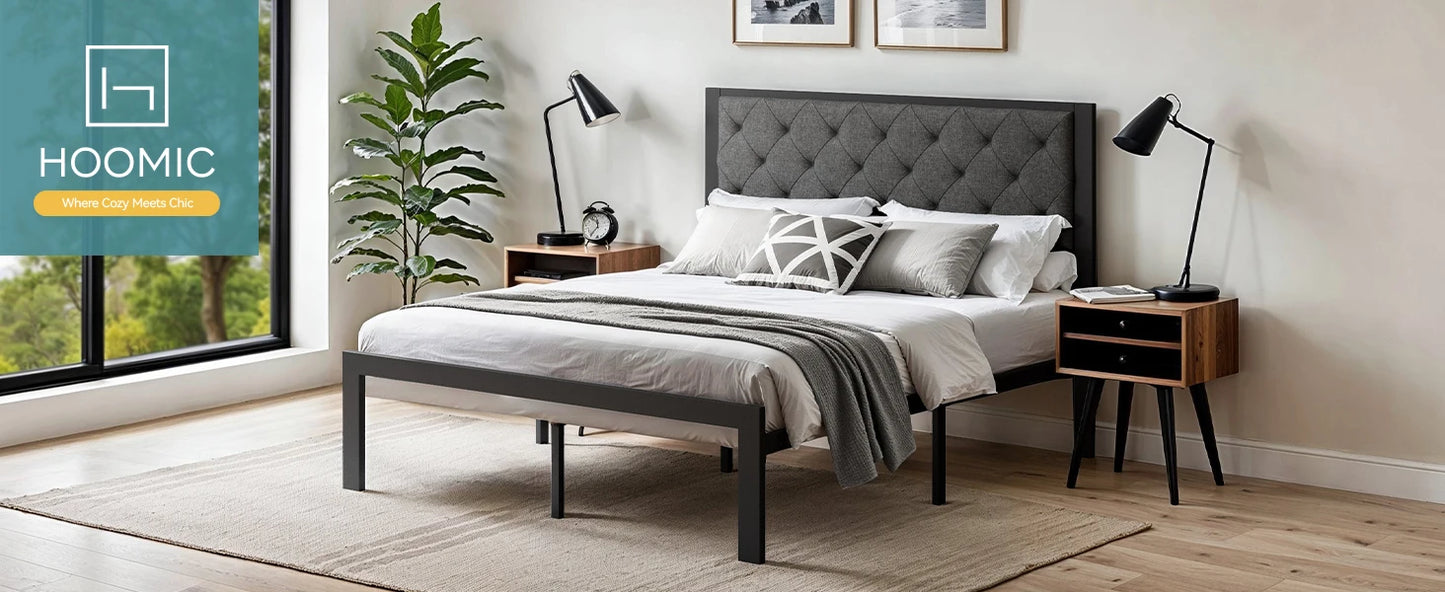 HOOMIC Metal Bed Frame With Upholstered Headboard