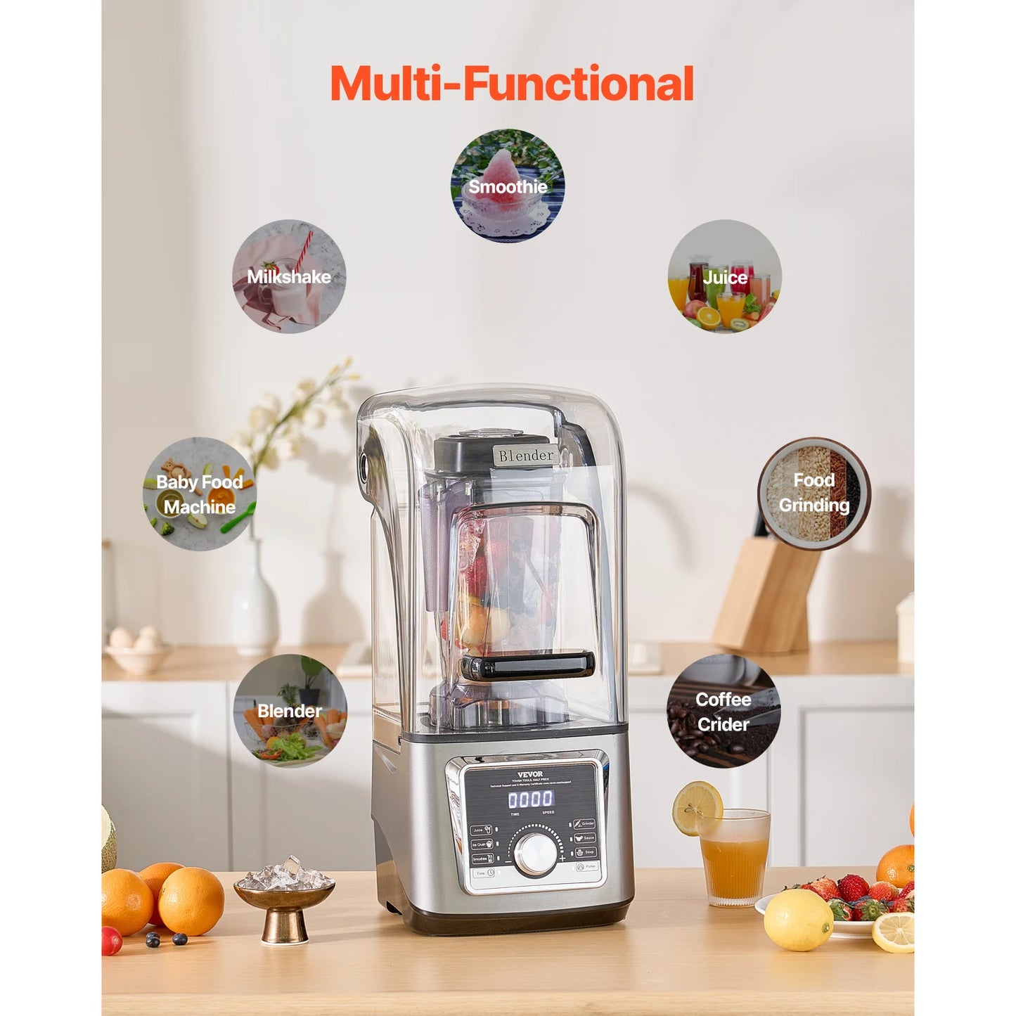 VEVOR 1400W Electric Blender For Smoothies With Noise Cover