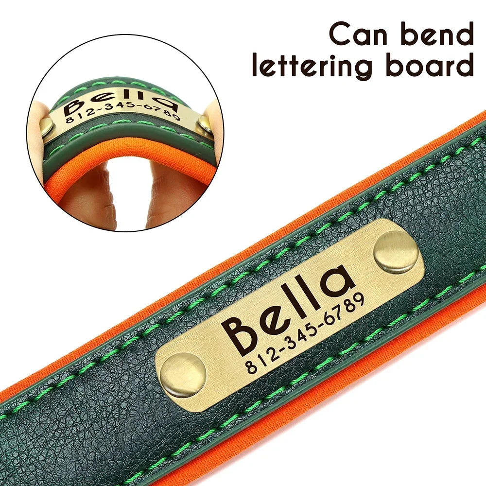 PU Leather Nameplate Dog Collar With Free Engraving Adjustable Padded