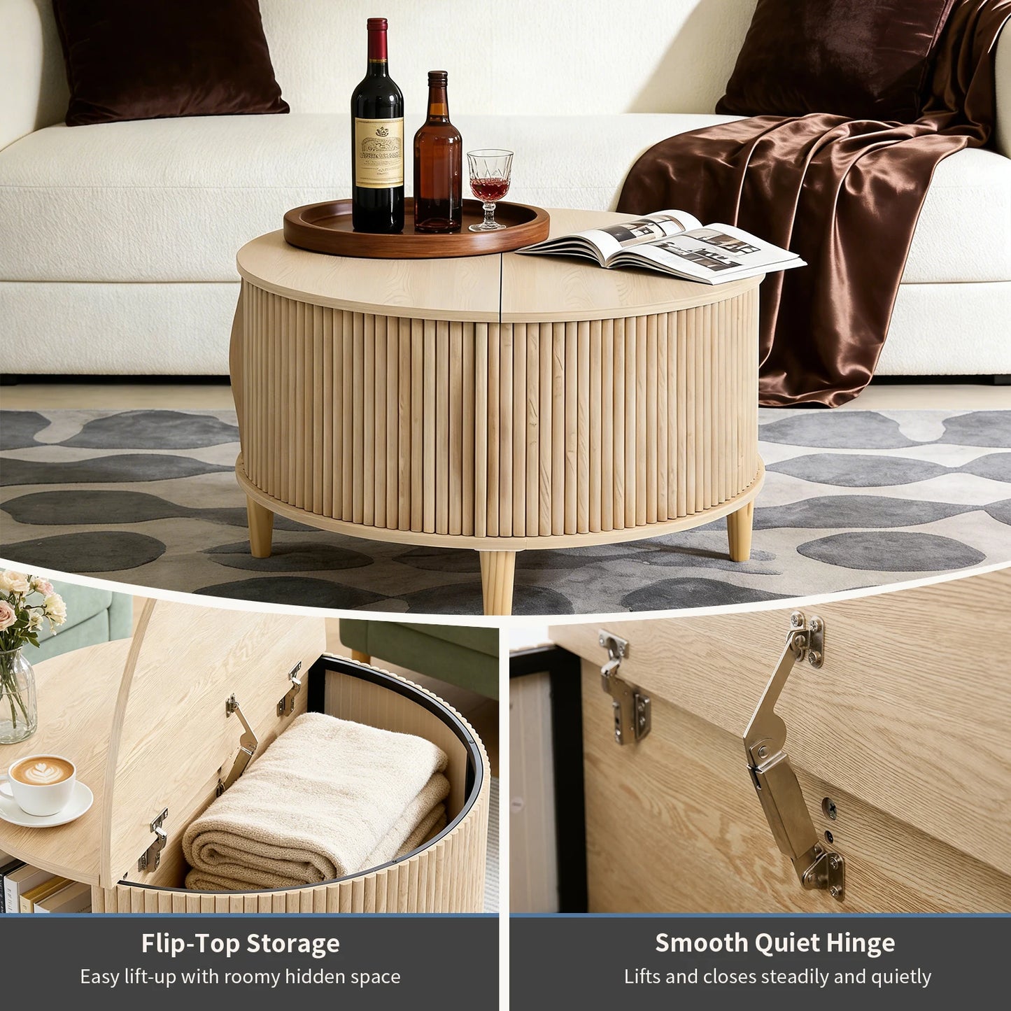 JHK Round Coffee Table With Flip-Top Storage And Sliding Door
