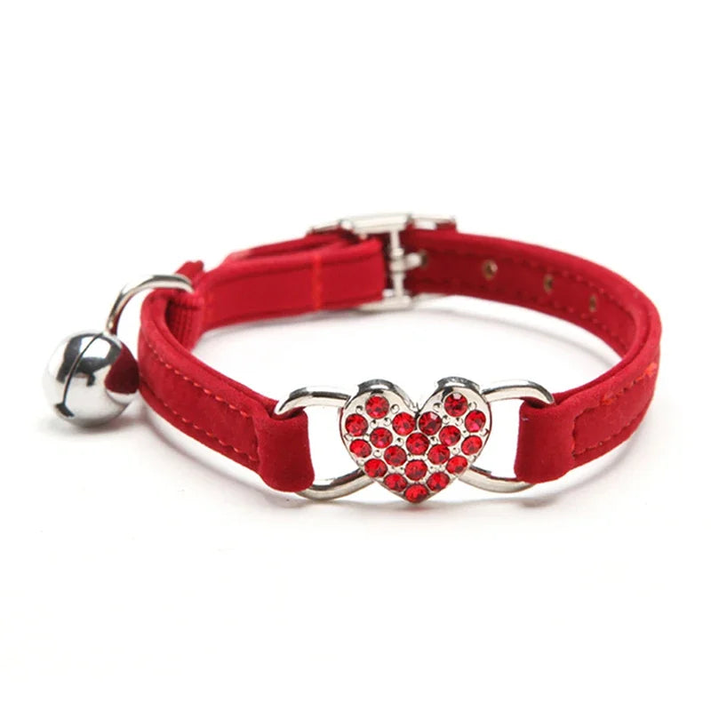 Heart Charm Cat Collar With Bell Elastic Safety Adjustable Velvet
