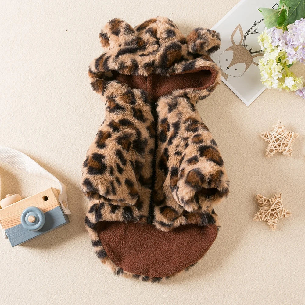 Winter Leopard Print Fleece Dog Hoodie Coat For Small Dogs