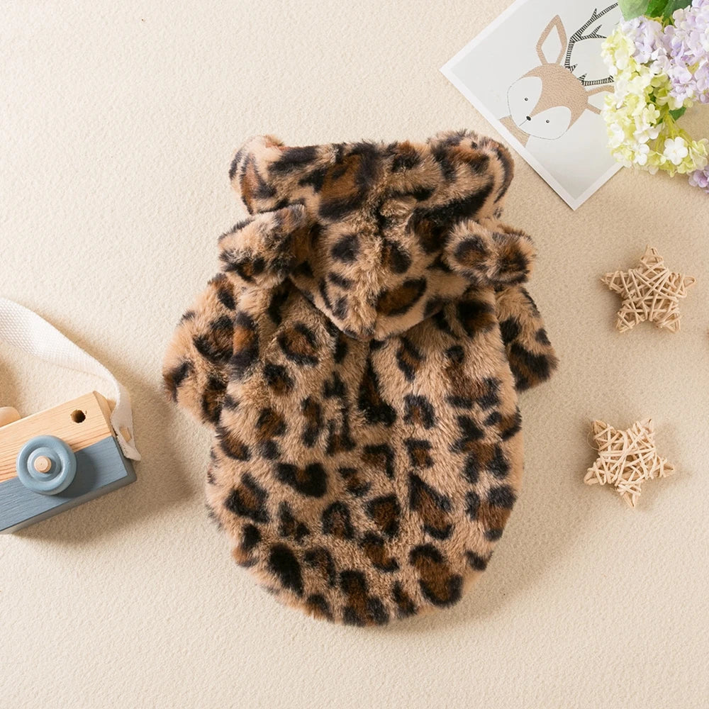 Winter Leopard Print Fleece Dog Hoodie Coat For Small Dogs
