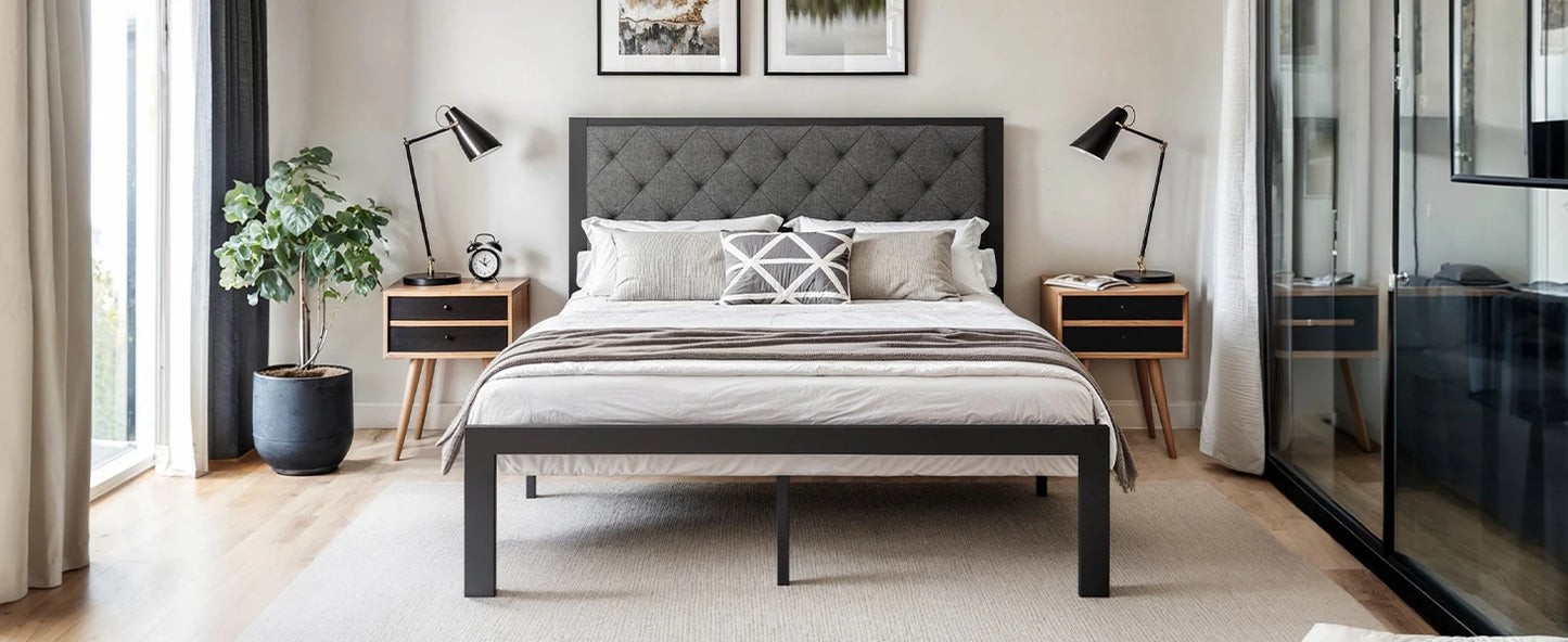 HOOMIC Metal Bed Frame With Upholstered Headboard