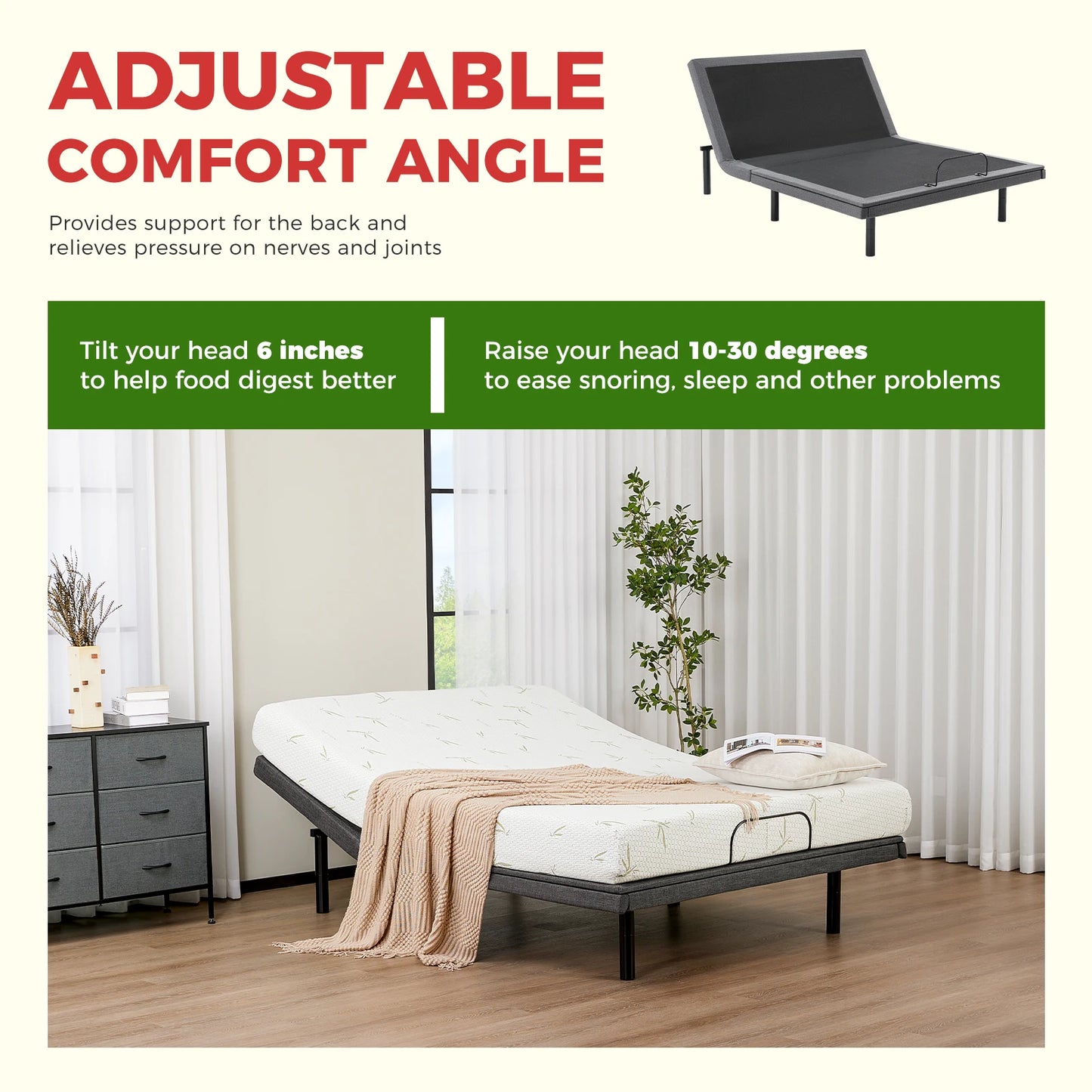 JHK Electric Adjustable Bed Frame With Wireless Remote USB Ports