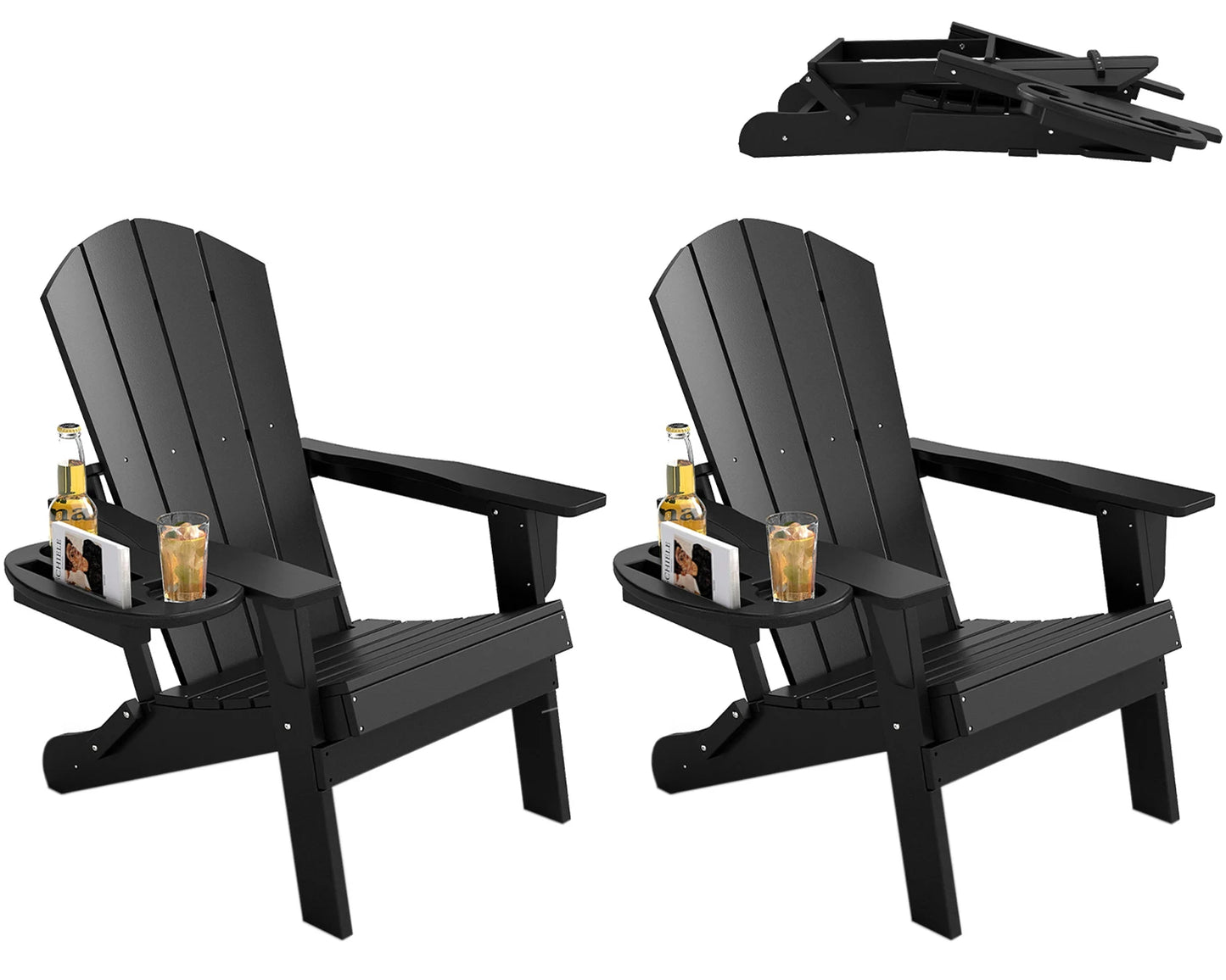 Folding Adirondack Chair With Cup Holder Weather Resistant HDPE Patio