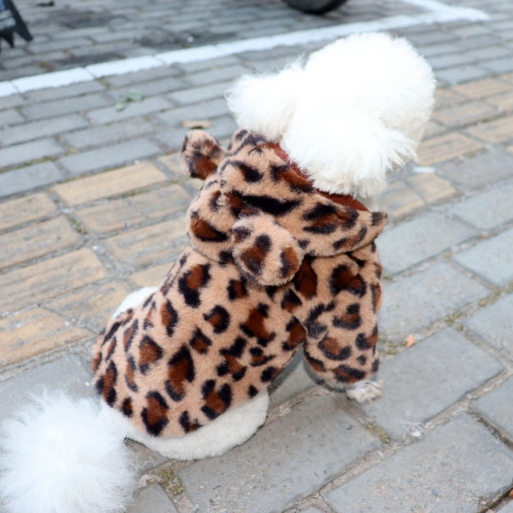 Winter Leopard Print Fleece Dog Hoodie Coat For Small Dogs