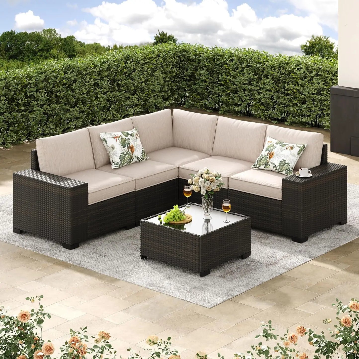 6 Piece All Weather Patio Furniture Set With Wicker Sectional Sofa