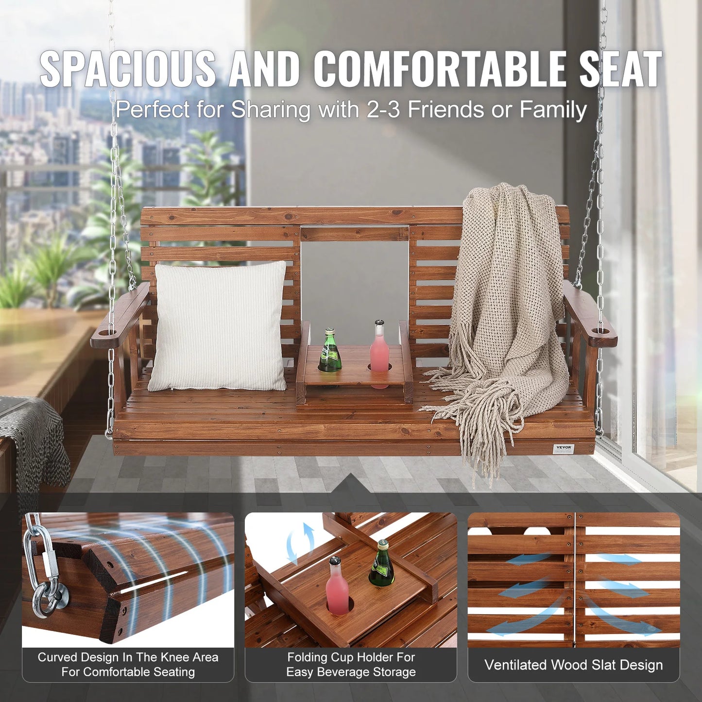 SucceBuy Cedar Wood Porch Swing Outdoor Garden Bench With Steel Chains