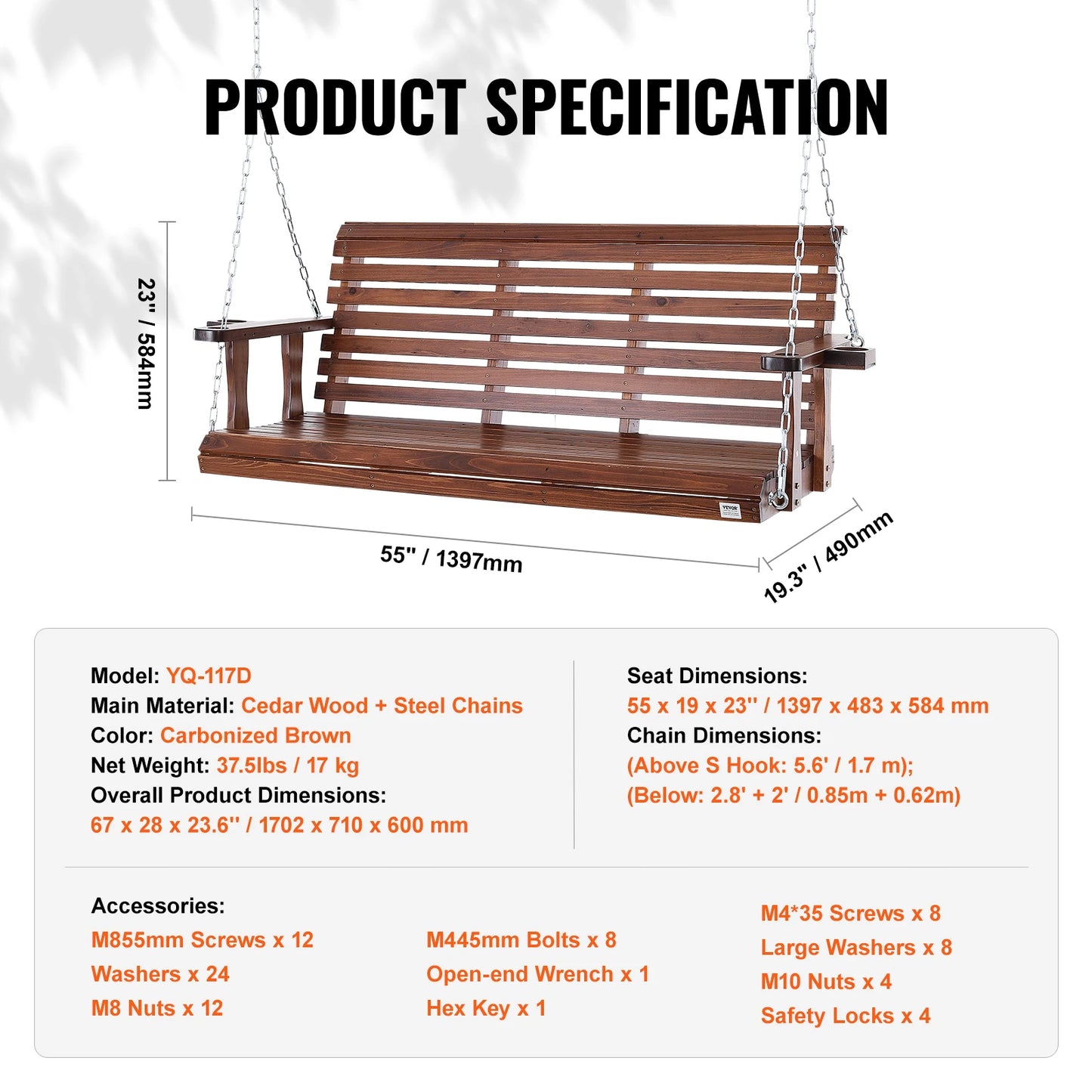 SucceBuy Cedar Wood Porch Swing Outdoor Garden Bench With Steel Chains