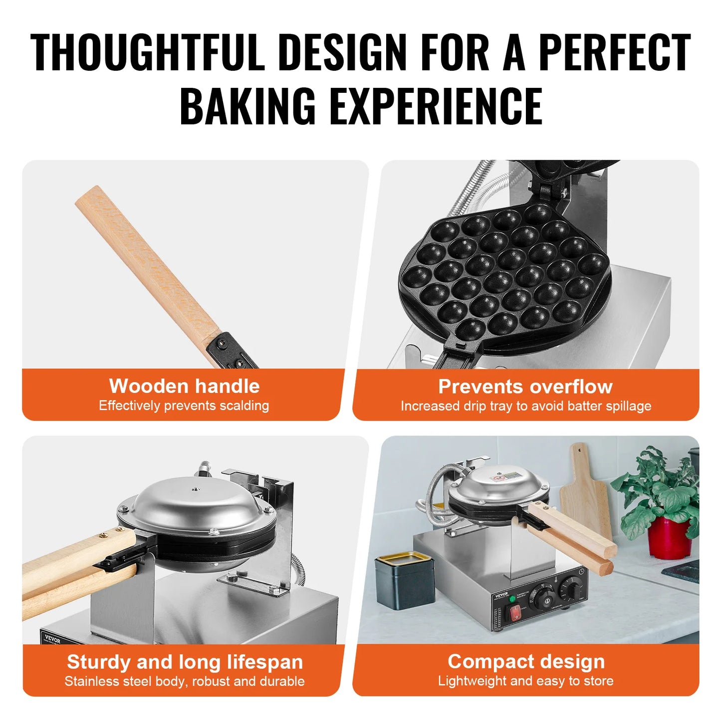 SucceBuy Commercial Egg Bubble Waffle Maker With Nonstick Surface