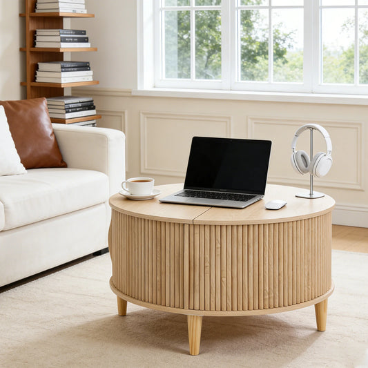 JHK Round Coffee Table With Flip-Top Storage And Sliding Door
