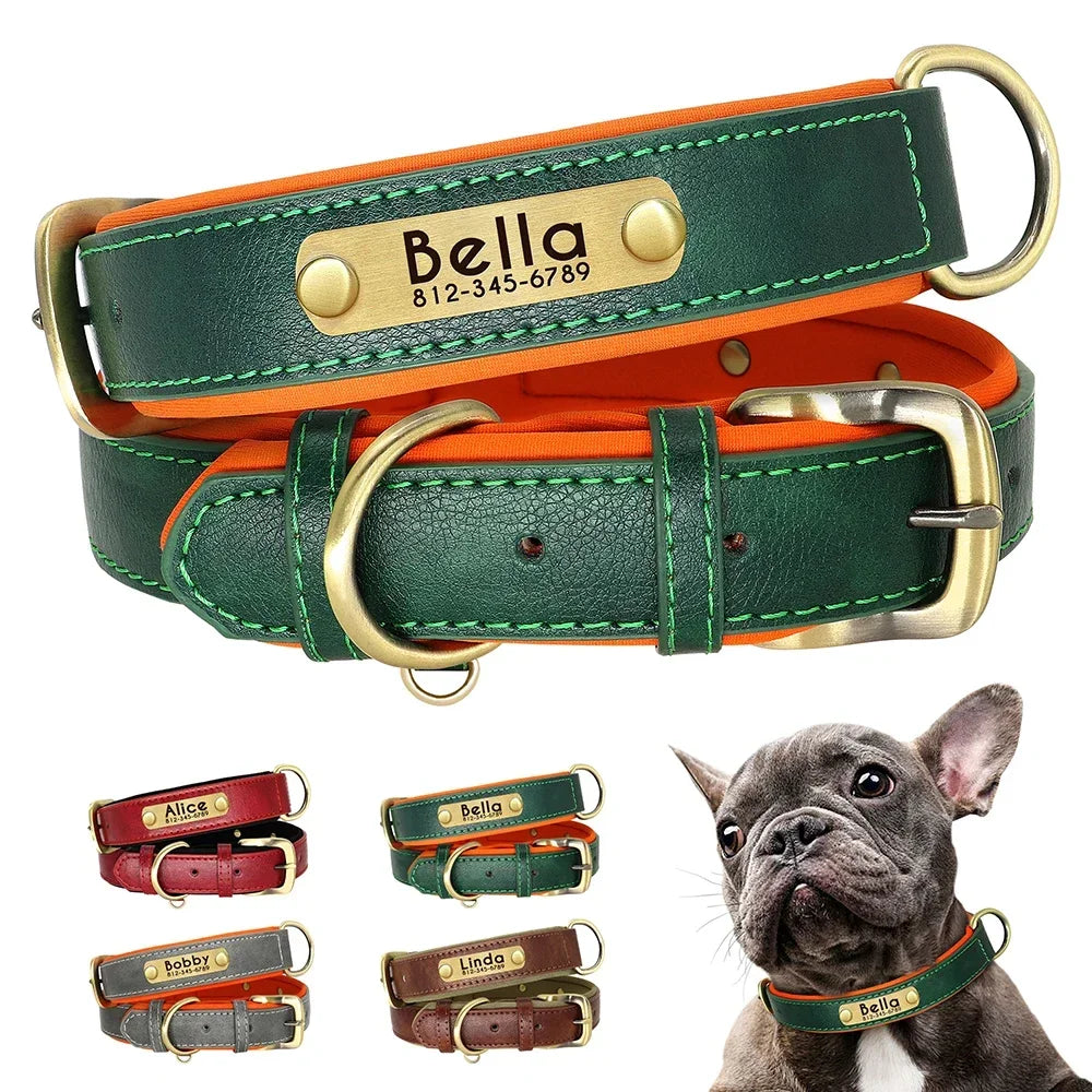 PU Leather Nameplate Dog Collar With Free Engraving Adjustable Padded