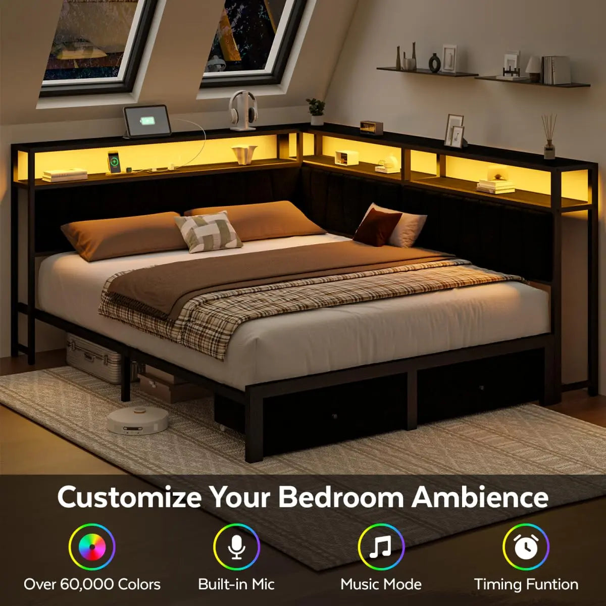 Queen Corner Bed Frame With USB Charging LED Lights Drawers