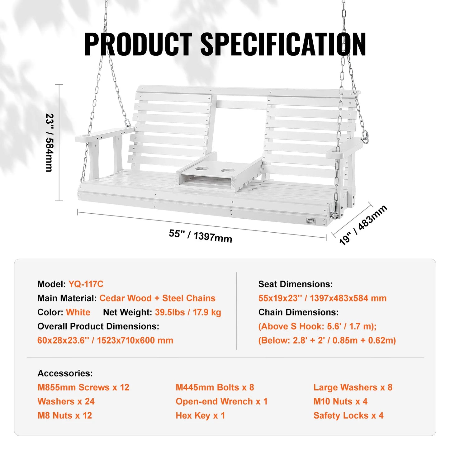 SucceBuy Cedar Wood Porch Swing Outdoor Garden Bench With Steel Chains