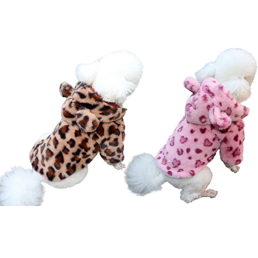 Winter Leopard Print Fleece Dog Hoodie Coat For Small Dogs