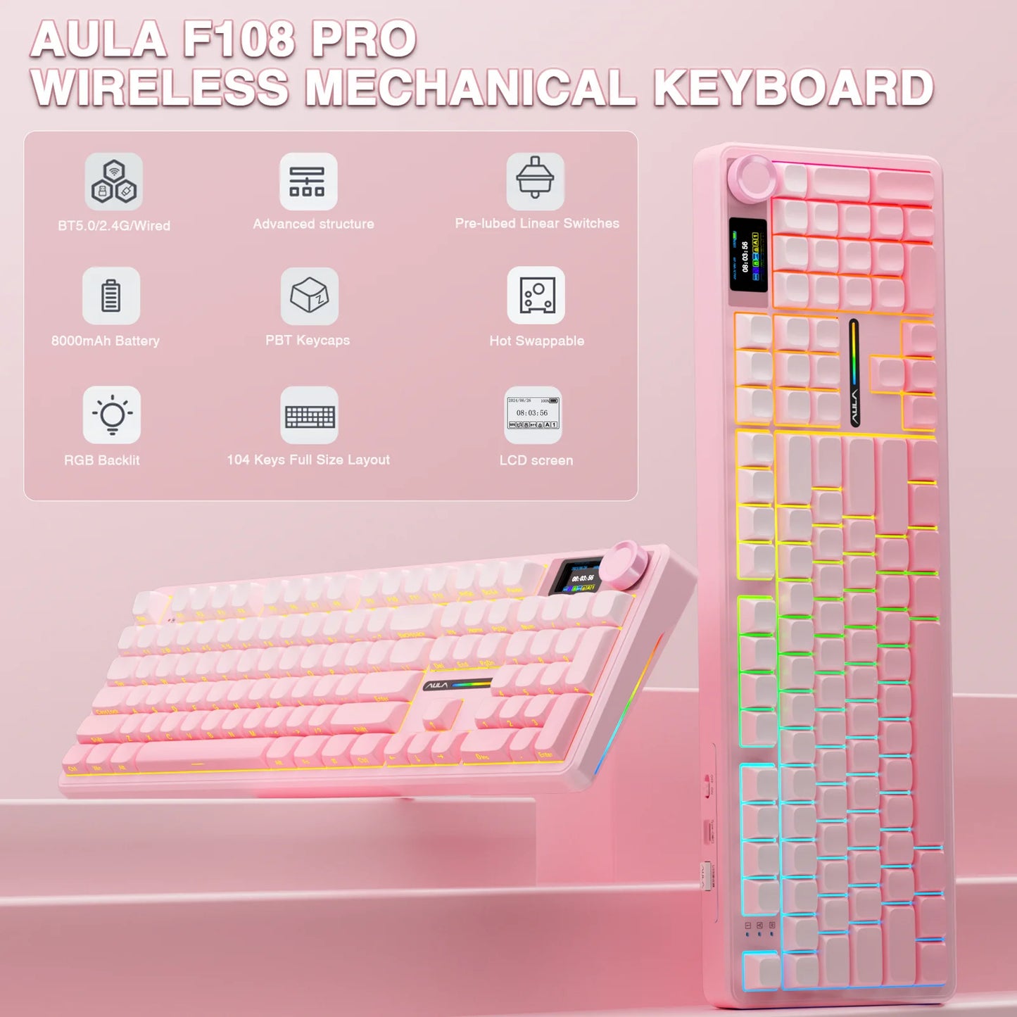 AULA F108 Pro Wireless Keyboard With TFT Smart Display