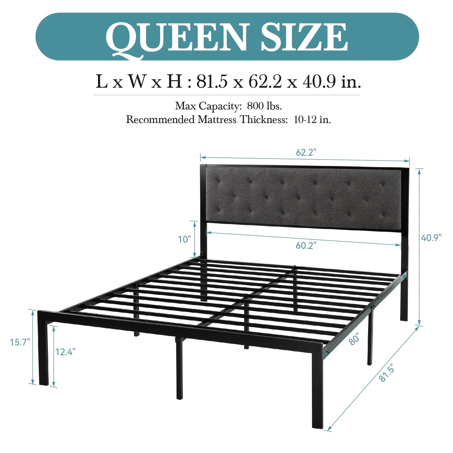 HOOMIC Metal Bed Frame With Upholstered Headboard