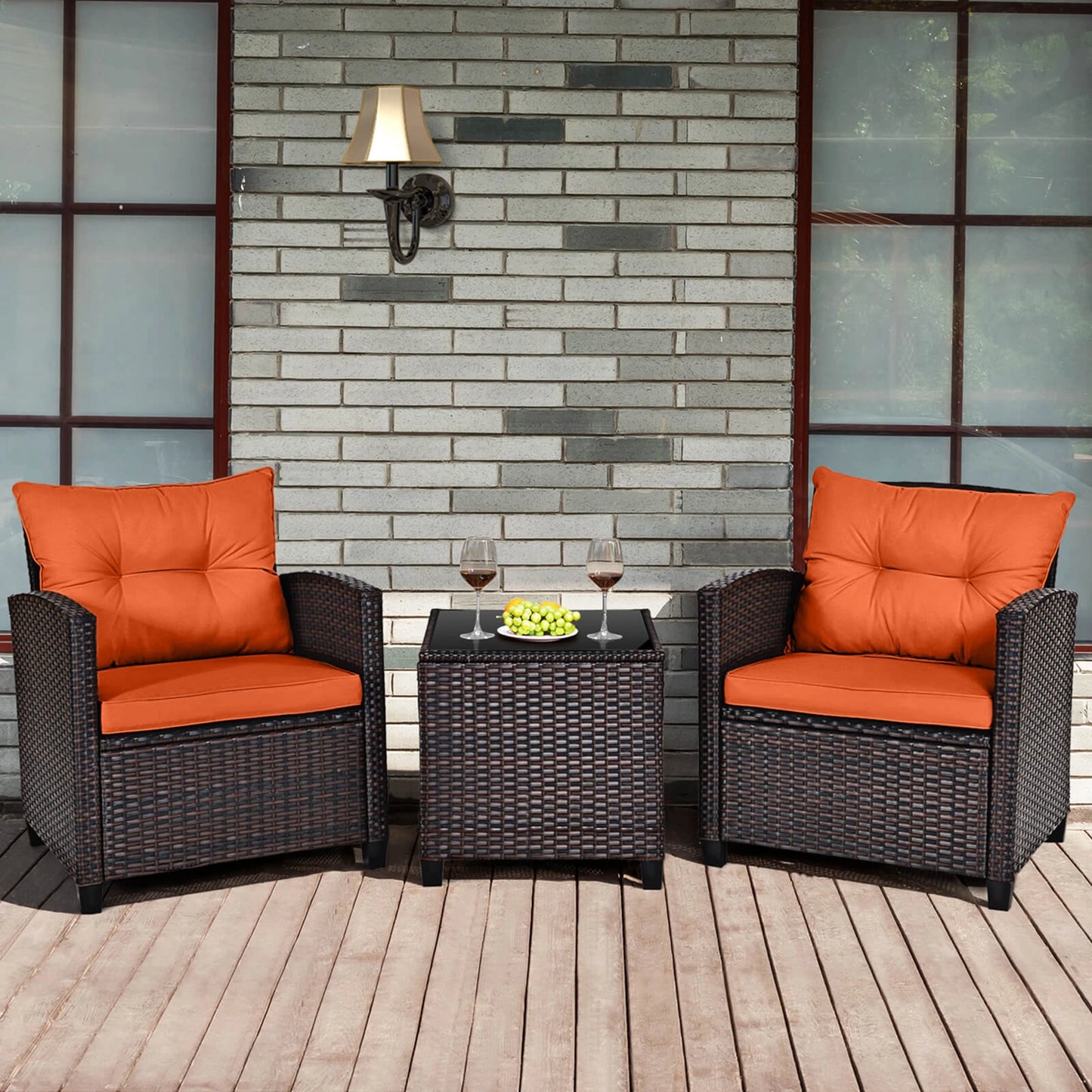 HOMASIS 3 Piece Patio Rattan Conversation Set Cushioned