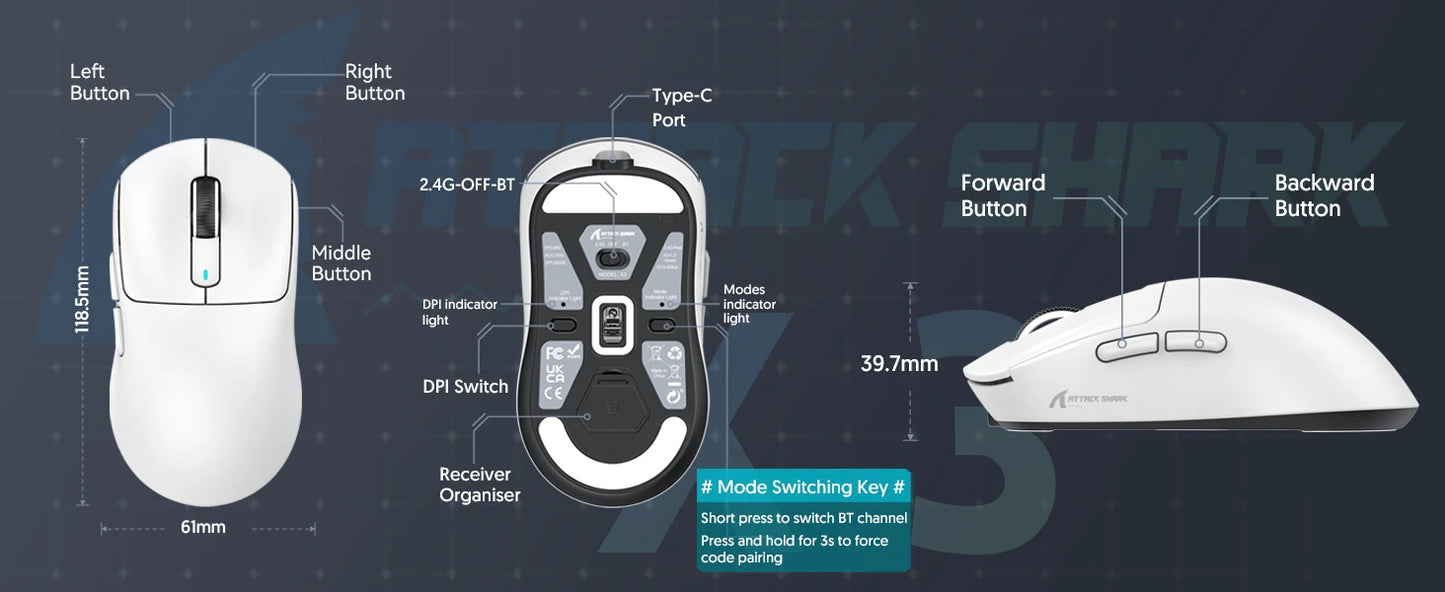 Attack Shark X3 Wireless Gaming Mouse With PAW3395 Sensor