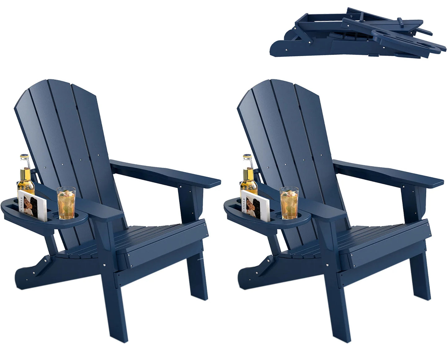 Folding Adirondack Chair With Cup Holder Weather Resistant HDPE Patio