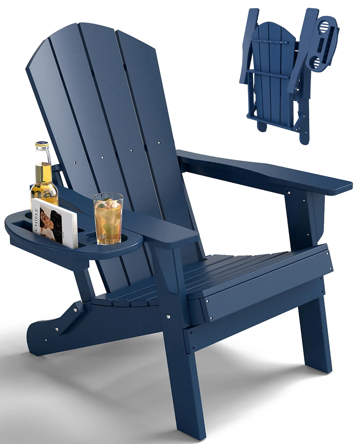 Folding Adirondack Chair With Cup Holder Weather Resistant HDPE Patio