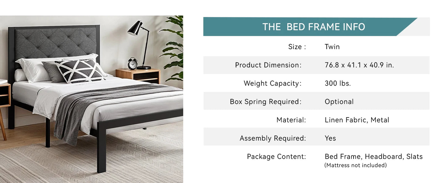 HOOMIC Metal Bed Frame With Upholstered Headboard