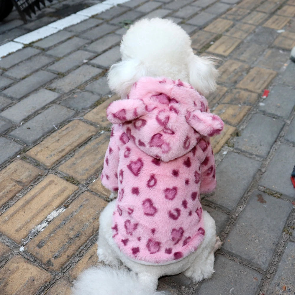 Winter Leopard Print Fleece Dog Hoodie Coat For Small Dogs