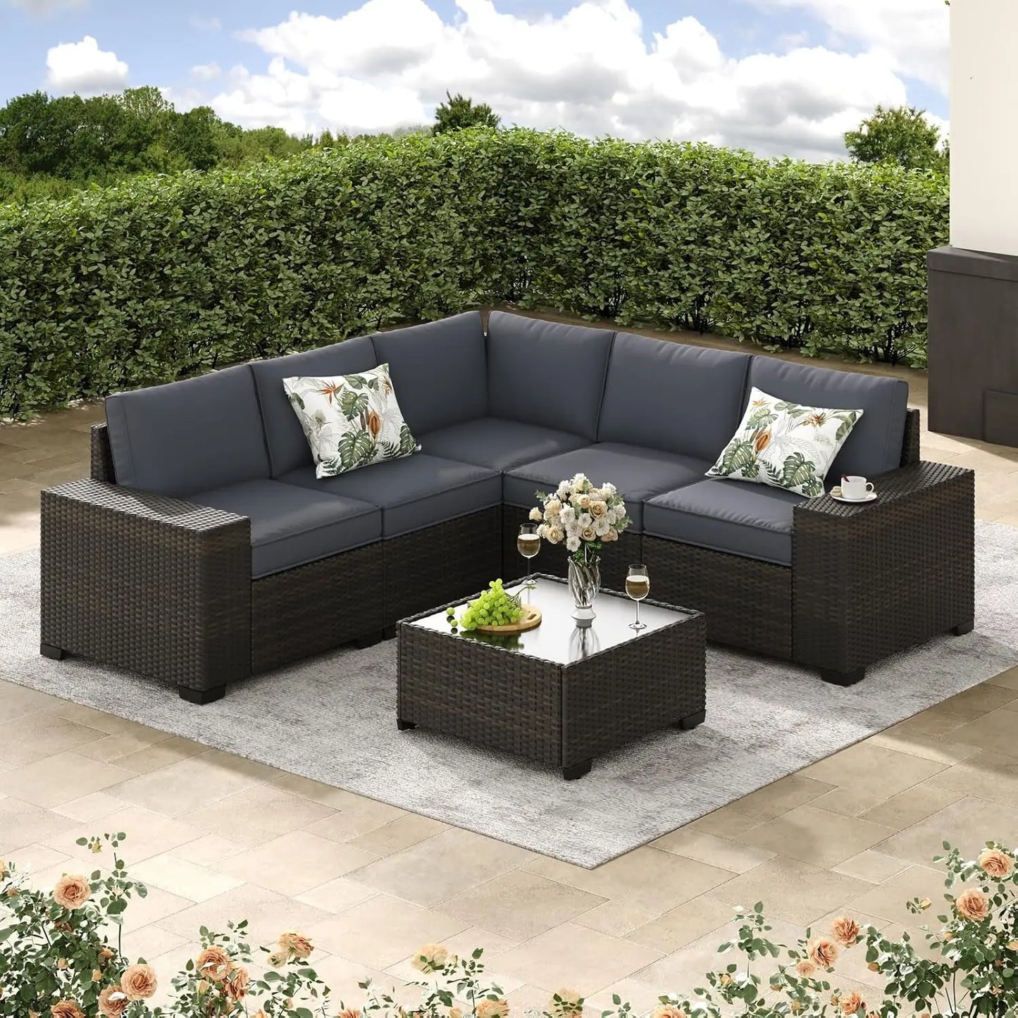 6 Piece All Weather Patio Furniture Set With Wicker Sectional Sofa
