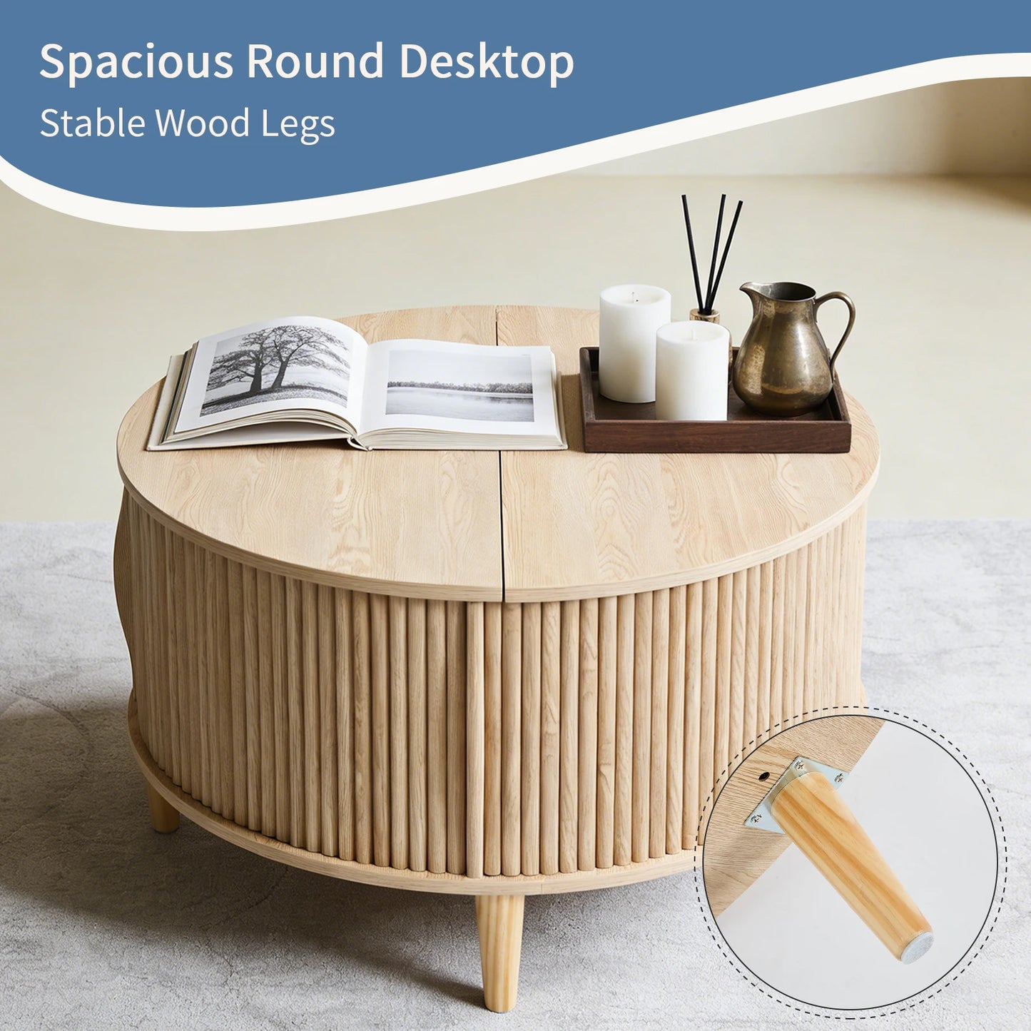 JHK Round Coffee Table With Flip-Top Storage And Sliding Door