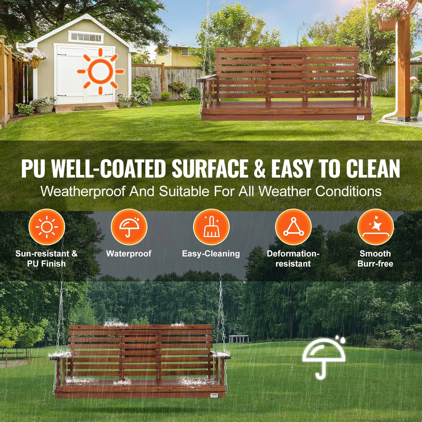 SucceBuy Cedar Wood Porch Swing Outdoor Garden Bench With Steel Chains