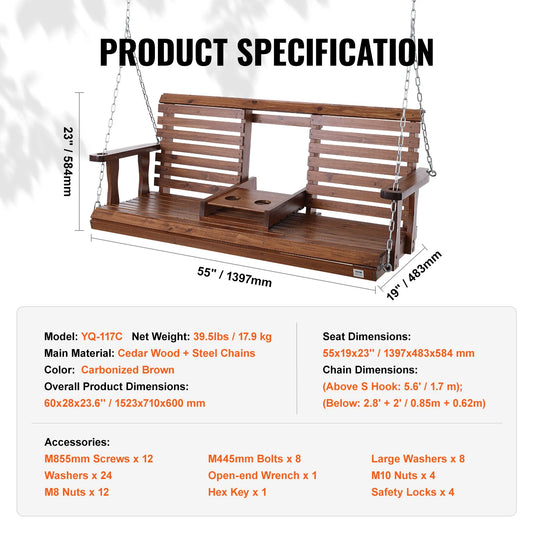 SucceBuy Cedar Wood Porch Swing Outdoor Garden Bench With Steel Chains